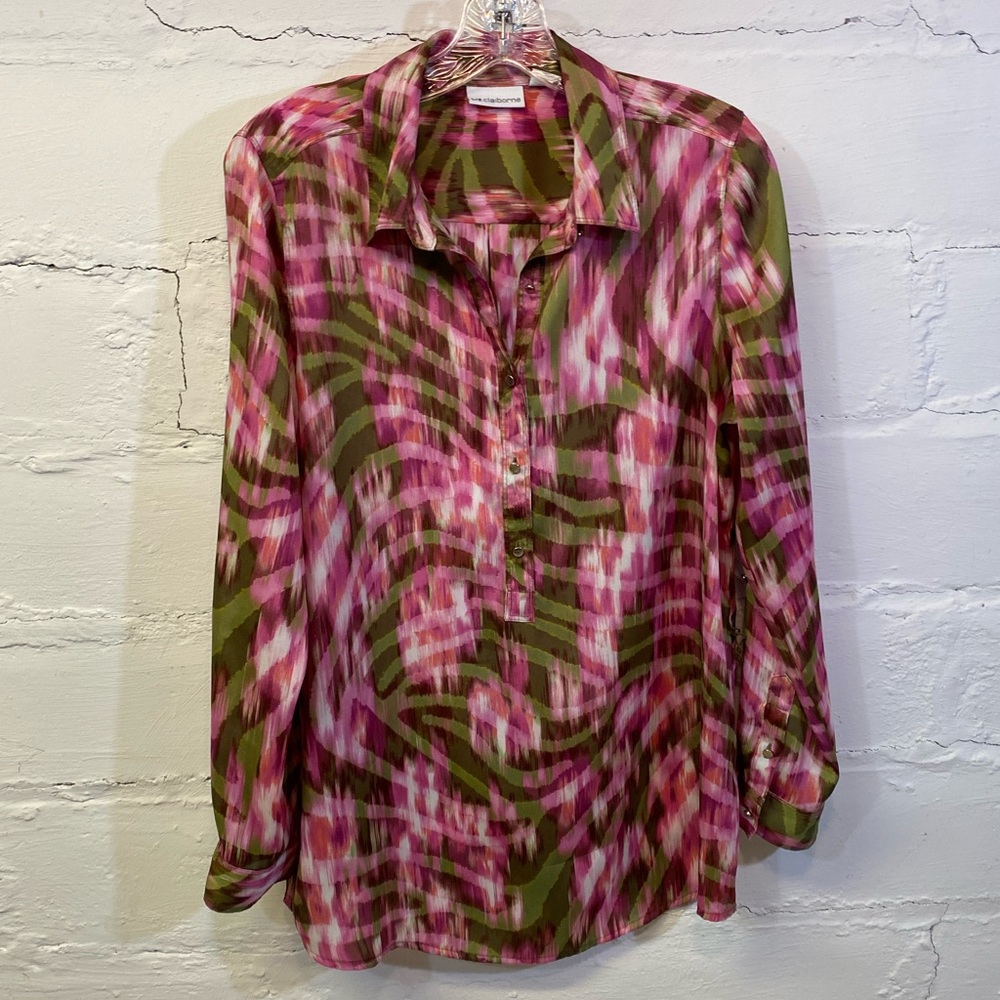 Lis Claiborne Long Sleeve Tunic / Blouse Pink Green White and 6 gold buttons